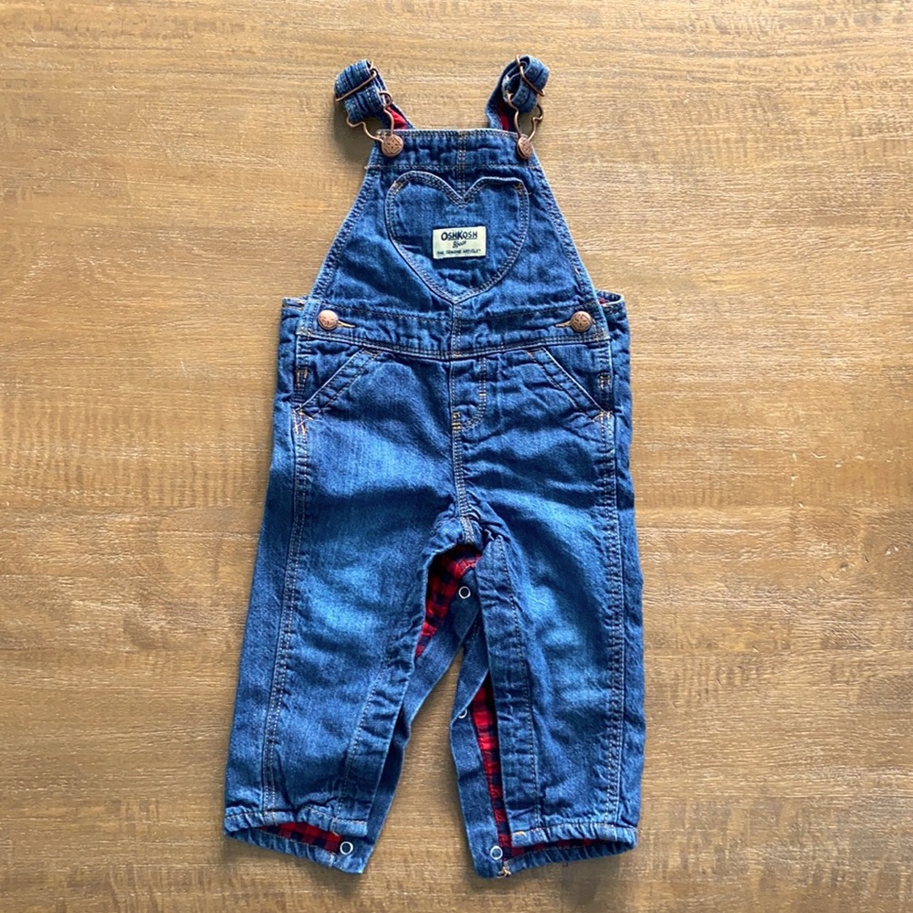 Oshkosh B’Gosh - baby girls overalls with red gingham lining, size: 9m